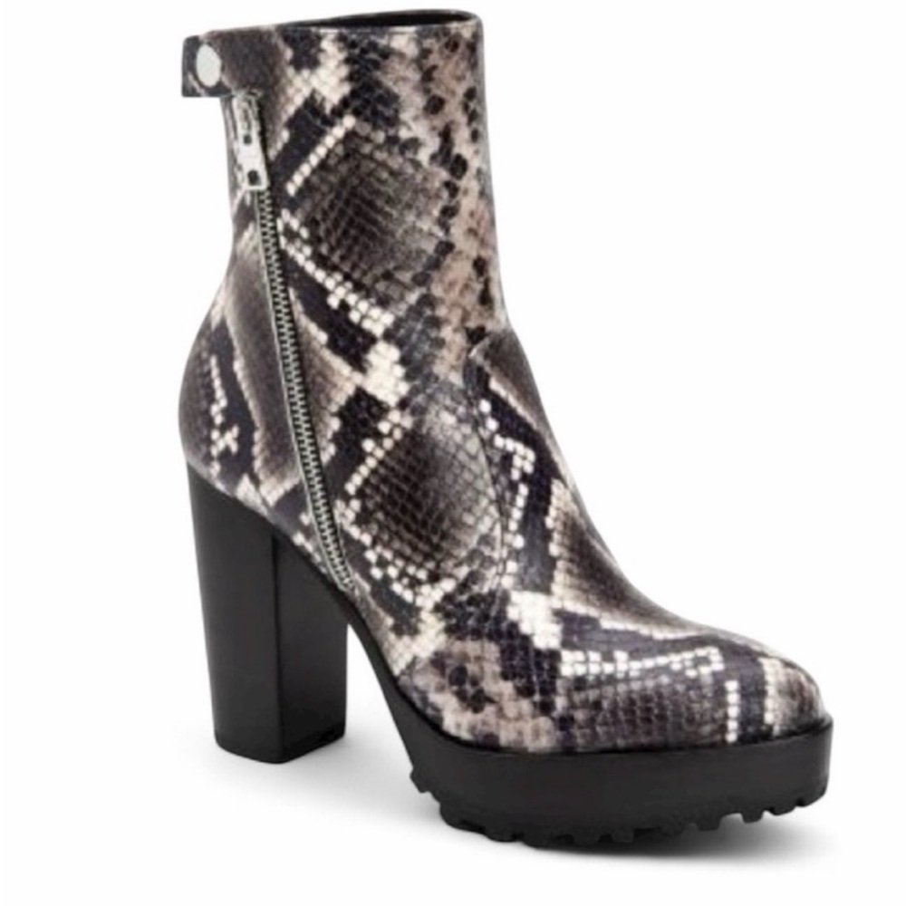 All Saints. Snake skin Print Ankle Boots in Brown and Black